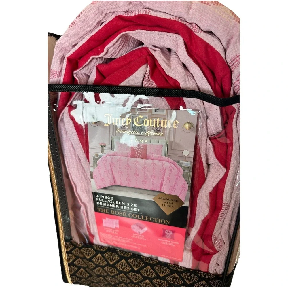Juicy Couture Pink Bow Embossed Queen Comforter Set Pillow Plush 4pc Coquette